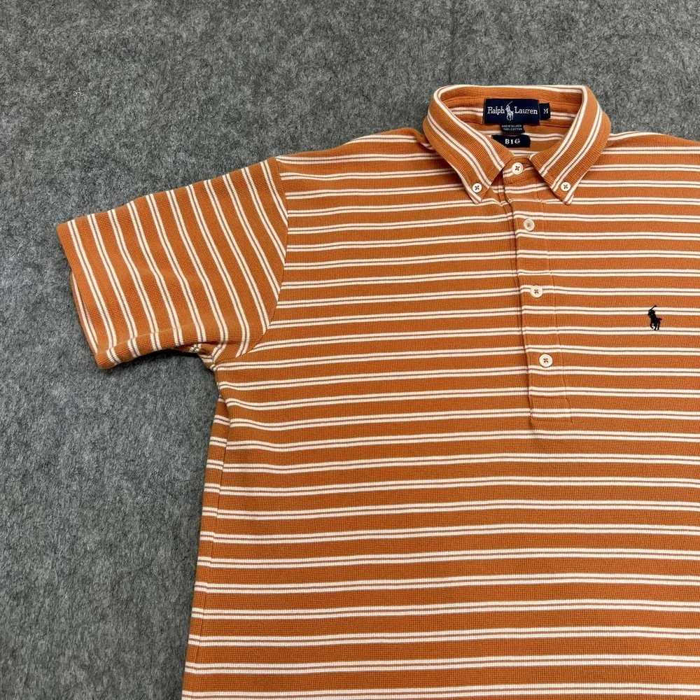 Ralph Lauren Polo Shirt Mens M Orange‎ White Stripe Button Down Collar Pony Big